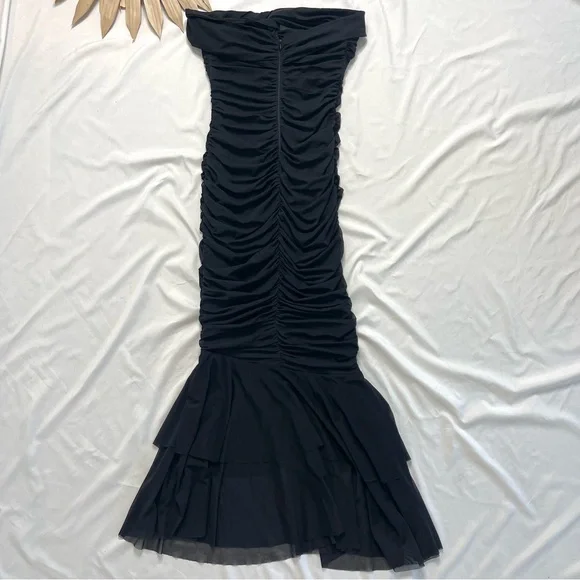 Hello Molly Tanisha Off Shoulder Mesh Black Midi Ruched Mermaid Dress Size Small - Picture 9 of 11